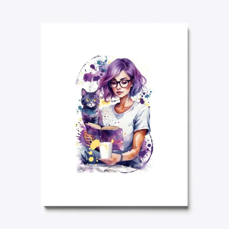 Reader Purple Girl With Her Cat 1