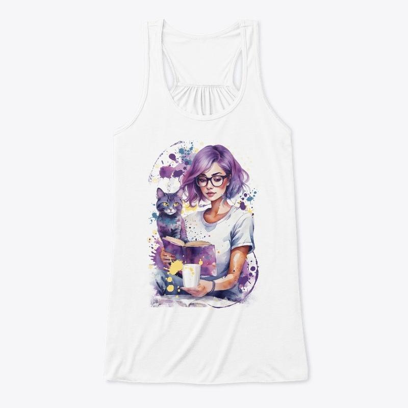 Reader Purple Girl With Her Cat 1-2